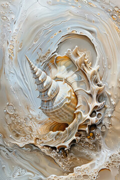 Sea shell abstract oil painting poster living room idea decoration, seashell fossil concept art deco