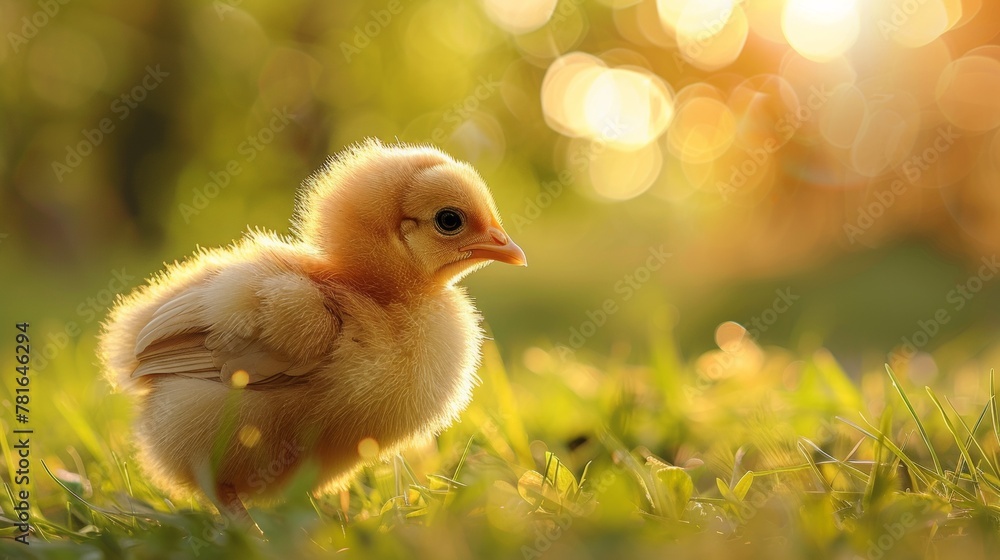 Sticker a small chicken standing in a field of grass with sunlight behind it, ai