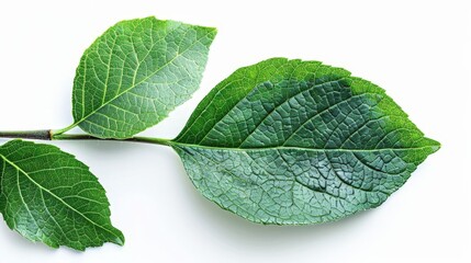 A green leaf on a branch against a white backdrop