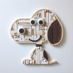A creative work of art that looks like snoopy made from scraps and various pieces of wood.
