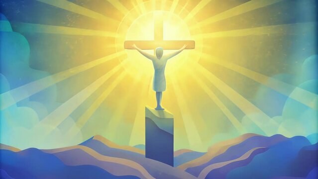 The Empty Cross and the Risen Savior A powerful image of an empty cross with a triumphant and radiant Jesus standing before it signifying the