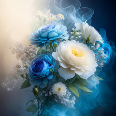 Makro kwiaty, niebieskie i białe róże. Tapeta kwiatowa. Bukiet kwiatów róż. Dekoracja ścienna. Wzór kwiatowy - obrazy, fototapety, plakaty