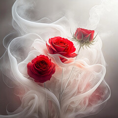 Abstrakcyjne kwiaty, czerwone róże. Biały dym. Dekoracja na ściane, abstrakcja. Tapeta kwiatowa - obrazy, fototapety, plakaty