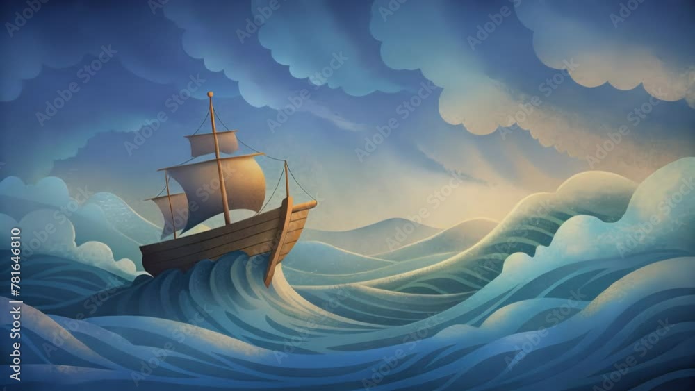 Aufkleber picture a ship sailing through a stormy sea with waves crashing against its hull and winds howling a