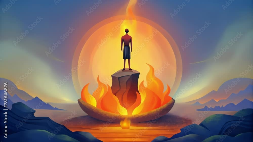 Poster a person standing firm on a solid rock with raging flames surrounding them symbolizing the unyieldin