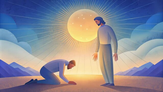 In the artwork a proud and arrogant man is shown falling to his knees in front of a serene and merciful God signifying the humbling and