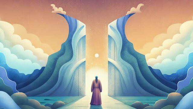 In the second illustration the sea has fully split in two and the Israelites are making their way through the walls of water. While they walk