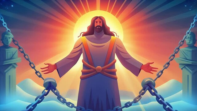 A broken chain This illustration shows a person being held captive by demonic forces with chains binding their hands and feet. Jesus is shown