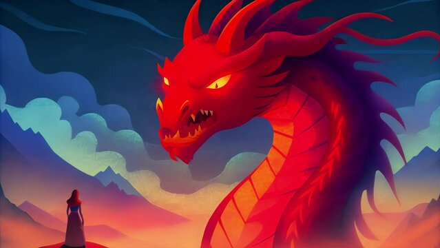 In the distance a great red dragon loomed menacingly. Its scales shimmered with a deceptive beauty but its eyes glowed with evil intentions. It