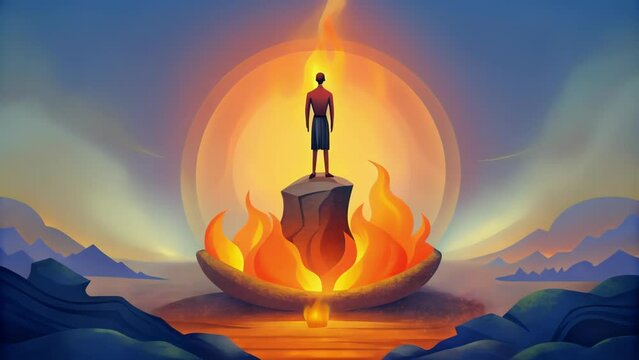A person standing firm on a solid rock with raging flames surrounding them symbolizing the unyielding faith and steadfastness in the face of