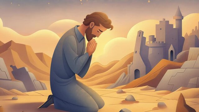 A man beaten and ied kneels in prayer amidst the ruins of his destroyed village. Despite the devastation his face shines with hope as he lifts