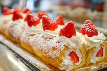 A delicious eclair filled with cream and topped with fresh strawberries on a display shelf. Cream Filled Eclair Topped with Fresh Strawberries