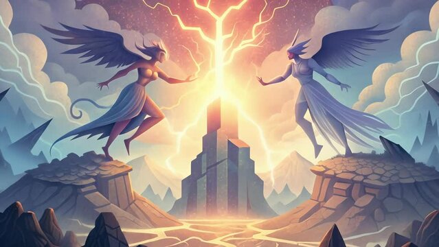 The Ultimate Struggle In a clash of epic proportions an archangel and a powerful demon can be seen locked in combat atop a mountain of ruins.