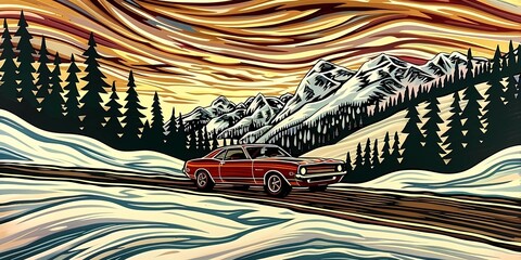 muscle car illustration, motors, roadtrips, ai image of cars