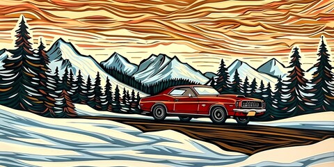 muscle car illustration, motors, roadtrips, ai image of cars