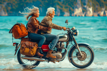 Elderly couple riding a motorbike on the sand beach - Powered by Adobe
