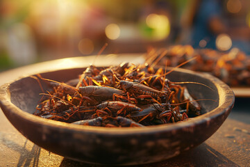Roasted insects in a bowl on a table - modern source of food protein - 781647440