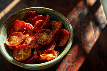 Sun dried ripe tomatos in a bowl on a table. Ingredient for Italian cuisine. - 781647450
