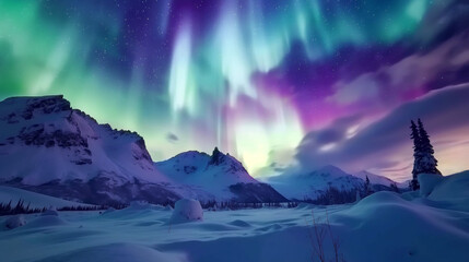 Aurora borealis or northern lights in snowy Alaska