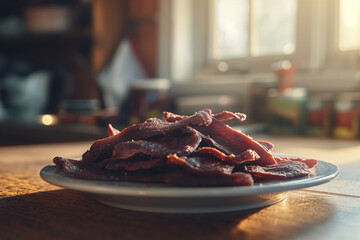 Slices of dried meat or beef jerky on a plate in a kitchen. Healthy source of protein. - 781647457