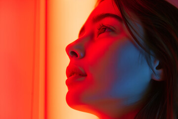 Face of a young woman undergoing red light therapy