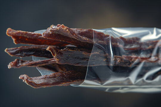 Dried beef jerky meat bars in a plastic package. Paleo source of protein.