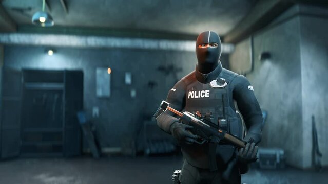 Choosing a swat special forces trooper character in a computer video game. Swat special forces hero with an automatic rifle. Swat special forces soldier wearing tactical gear in a virtual simulator.