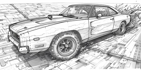 muscle car illustration, motors, roadtrips, ai image of cars