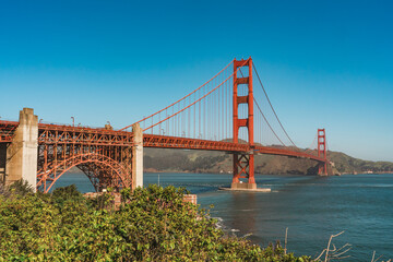 Golden Gate Bridge spans the strait connecting San Francisco Bay and the Pacific Ocean.