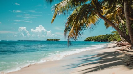 A beach with palm trees and a clear blue ocean, AI