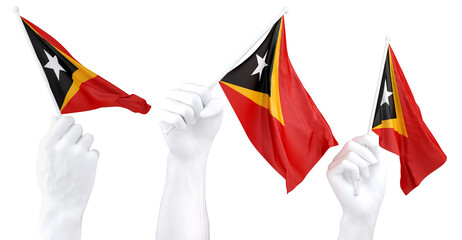 Hands waving East Timor flags isolated on white - 781648468