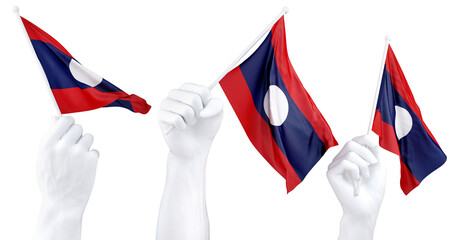Hands waving Laos flags isolated on white - 781648471