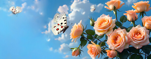 delicate peach-colored roses and bright apollo butterflies against the blue sky. beige roses on blue	