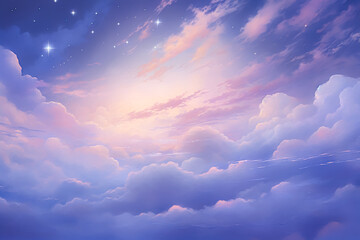 Beautiful pastel-colored, purple night sky and cloud illustration. Mysterious starry sky and nebulae. Vivid colors, dreamy cloudscape. Heavenly, zenith, creative, animated style. - obrazy, fototapety, plakaty