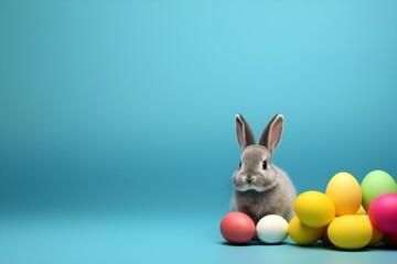 Fototapeta na wymiar Easter bunny with easter eggs minimalism blue background, Generative AI