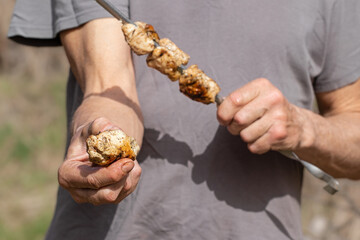 Chicken skewers.Grilled chicken meat on a skewer.Cooking outdoor.