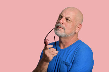 portrait adult man bald white beard face expression happy thoughtful male model gentleman in casual...