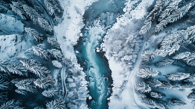 Top-Down Drone Shot, Snowy Pine Forest and Frozen River