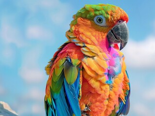 Parrot with tie-dye feathers, soft rainbow effect, clear sky background, vibrant beauty.