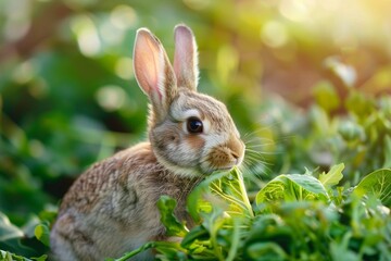 Fototapeta premium Rabbit nibbling on garden greens, soft-focus background, golden hour, eye-level, peaceful moment.