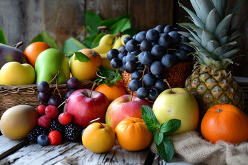 Assorted fresh fruits on rustic wood, vibrant colors, bountiful harvest. Homely, healthful abundance, textured surface. - obrazy, fototapety, plakaty