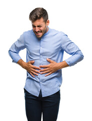 Young handsome man over isolated background with hand on stomach because indigestion, painful...