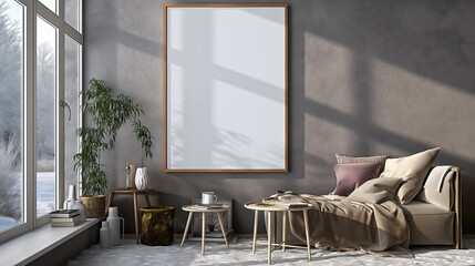 A cozy living room setup with a beige sofa, a large framed blank canvas on the wall, and a snowy lake view through the floor-to-ceiling window - Wall mockup - Generative AI