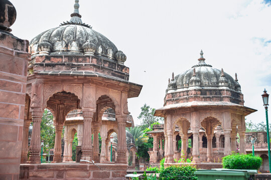 Front view inside of Mandore Gardens with amazing cenotaphs, ruins and temples