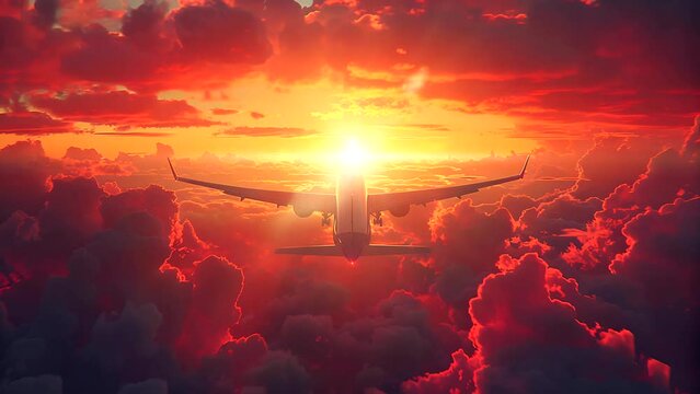 airplane in the sky, sunset, red cloud. Seamless looping 4k time-lapse video animation background