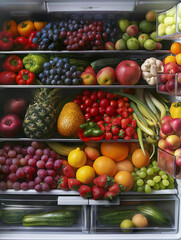 photo of a modern refrigerator full of fruits and vegetables, an abundance of fruits, berries and sheep, food in the refrigerator