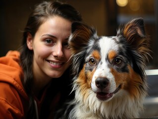 Happy Australian Shepherd Dog With Owner Indoors - 781650060