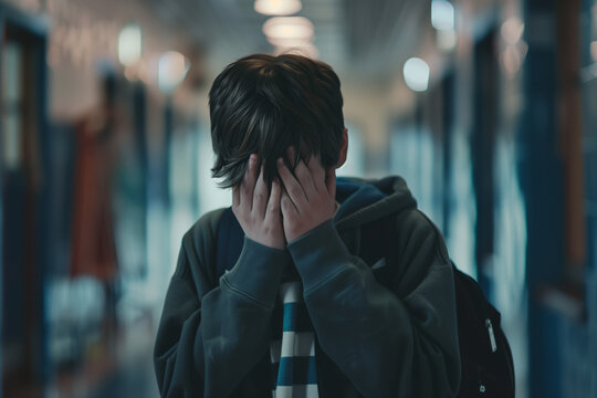 A boy sad in the school suffering bullyng. Generative AI