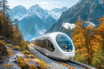 A train is traveling through a mountainous area