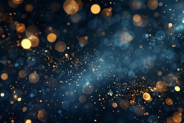 Abstract navy blue background with shimmering gold particles, bokeh effect, and foil texture - obrazy, fototapety, plakaty
